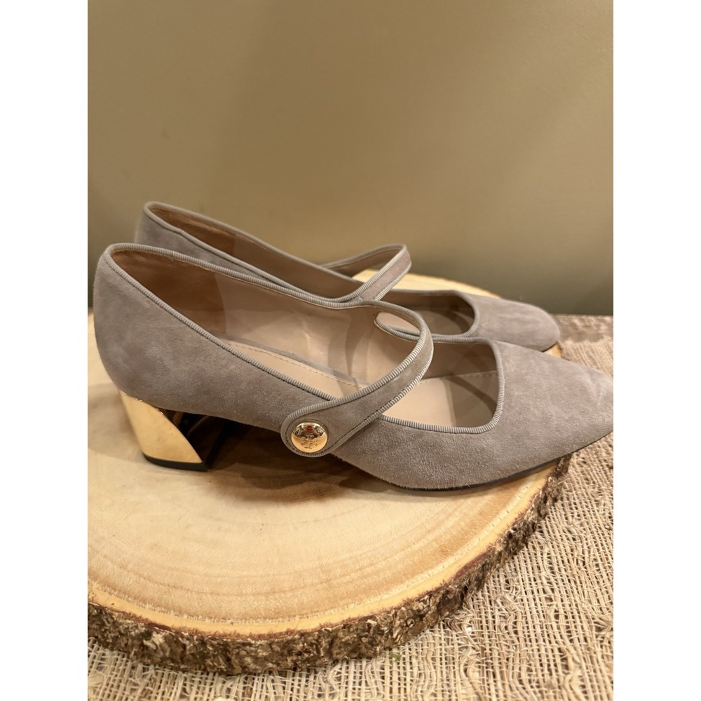 Tory Burch Marisa 40mm Mary Jane Pump in Grey Suede Strap Gold Accent Sz-7 298$ - Picture 7 of 11